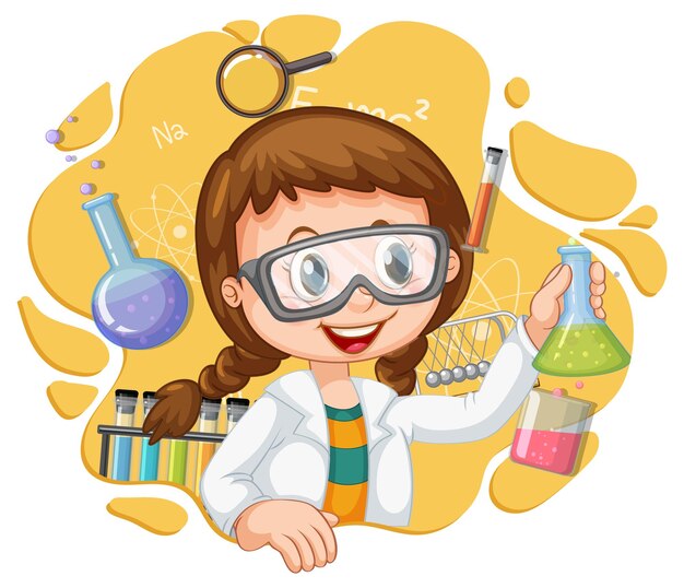 Scientist girl cartoon character with laboratory equipments