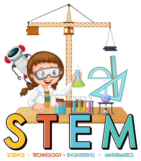 Scientist girl cartoon character with STEM education logo