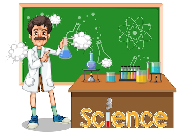 Free vector scientist man cartoon character with laboratory equipments