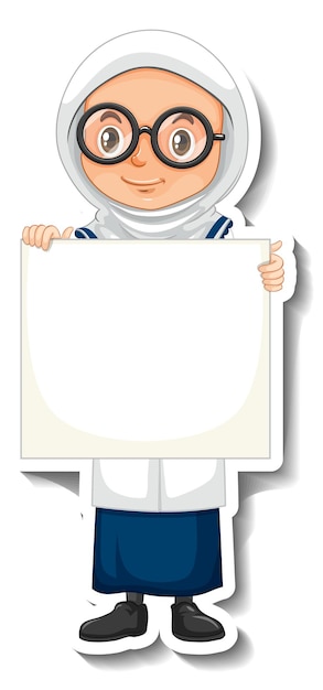 Free Vector scientist muslim girl holding empty board in sticker style