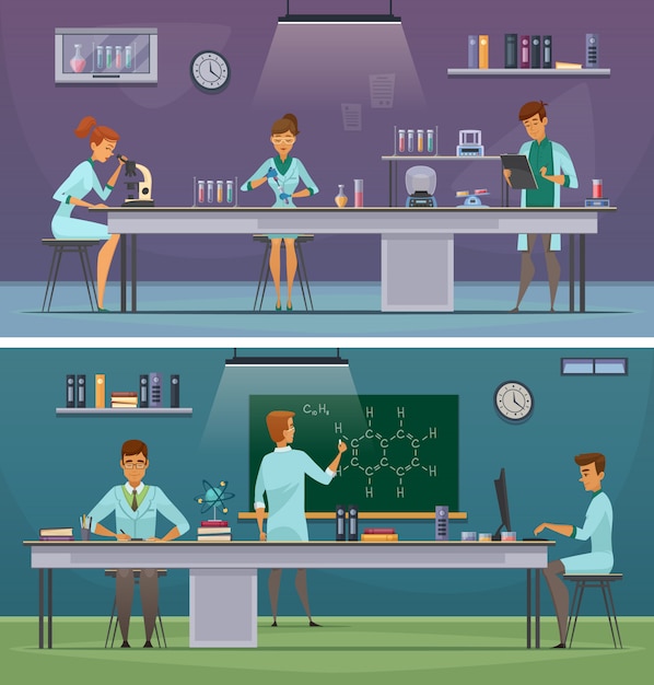 Free Vector scientists and laboratory assistants working in lab and office 2 horizontal retro cartoon banners 