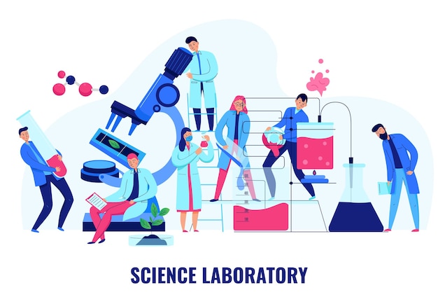 Free Vector scientists making biological and chemical experiments in science laboratory flat  illustration