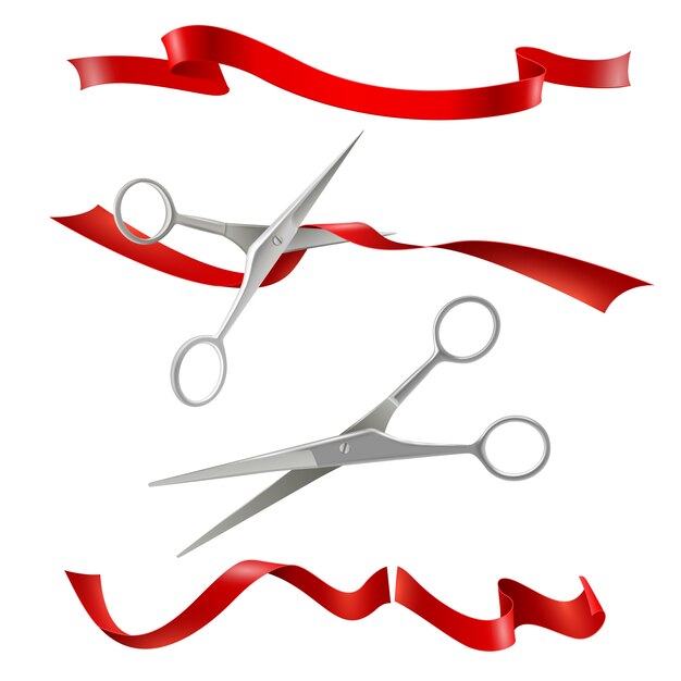 Scissors Cutting Red Ribbon Realistic Set 