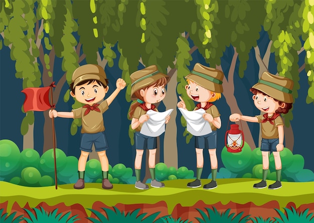 Free Vector scout kids hiking in the forest