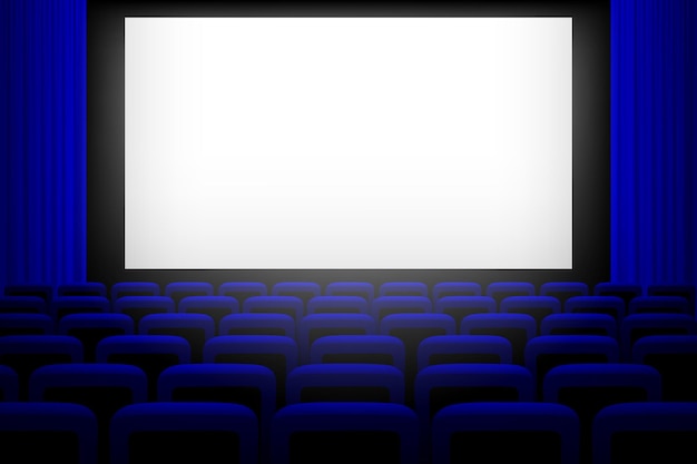 Screen in movie theater with blue curtains and seats background Empty cinema auditorium vector illustration Film presentation or performance event Watching entertainment scene