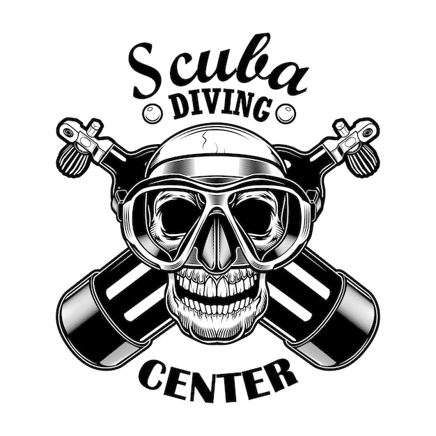 Scuba diver skull vector illustration. Head of skeleton with mask, crossed oxygen balloons from aqualung, text. Seaside activity concept for diving club emblems