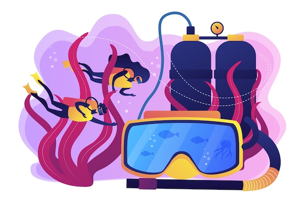 Scuba divers swimming under water and mask with snorkel, tiny people. Diving school, best commercial diving, all levels diver program concept.  