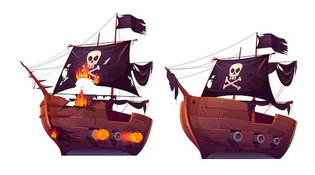 Free Vector sea battle of wooden ship, pirate sailboat