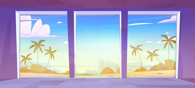 Free Vector sea and beach landscape window view from tropical hotel room vector illustration empty villa house interior near ocean and palm tree for peaceful mediterranean vacation horizontal paradise banner