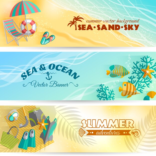 Sea beach summer holiday adventures horizontal banners set with swimming and diving accessories