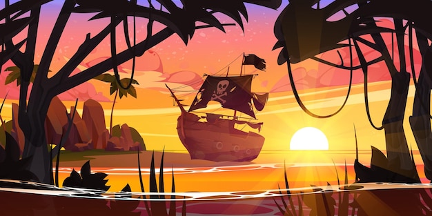 Free Vector sea beach with broken pirate ship at sunset