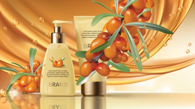 Sea buckthorn cosmetics vector realistic ads poster. 