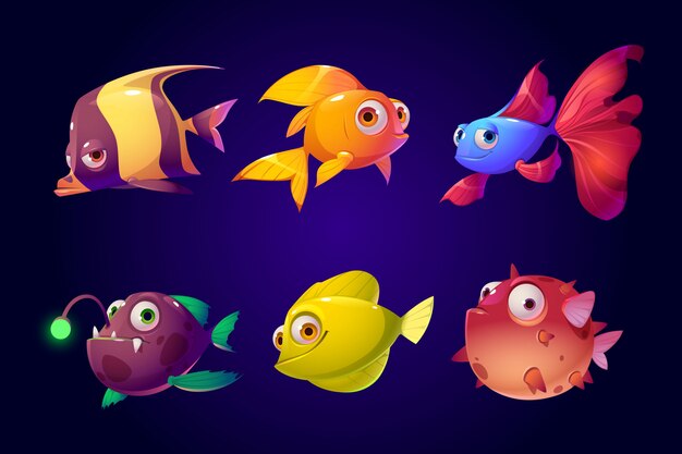 Sea fish, tropical colorful aquarium creatures set