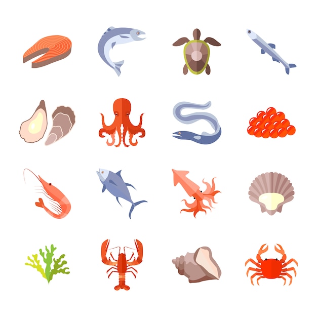 Free Vector sea food icon flat set 