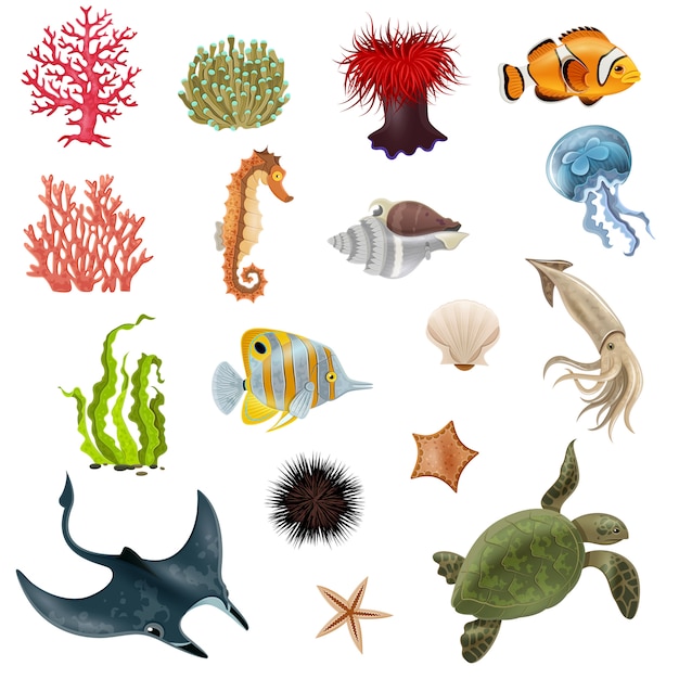 Free Vector sea life cartoon icons set