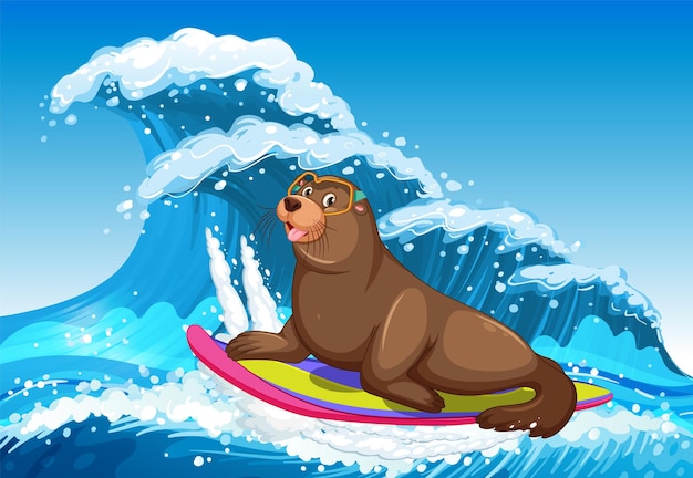 Free Vector sea lion on surfboard in the ocean