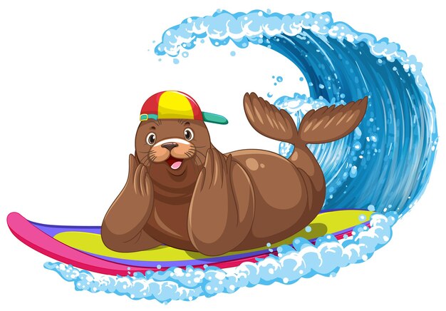 Free Vector sea lion on surfboard with water wave