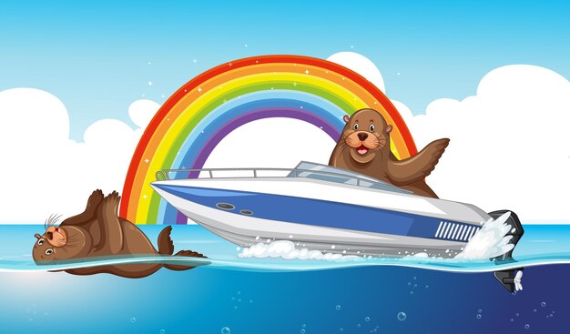 Sea lions animal cartoon in the water with rainbow