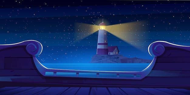 Free vector sea night landscape lighthouse ship deck view