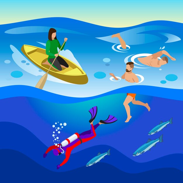 Sea outdoor activities with swimminf and diving symbols isometric illustration