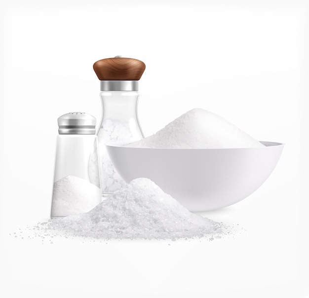 Free Vector sea salt realistic composition with piles of white salt in plates and glass jars with caps illustration