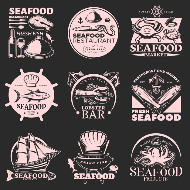 Seafood emblem set on dark with headlines fresh seafood fresh fish highest quality