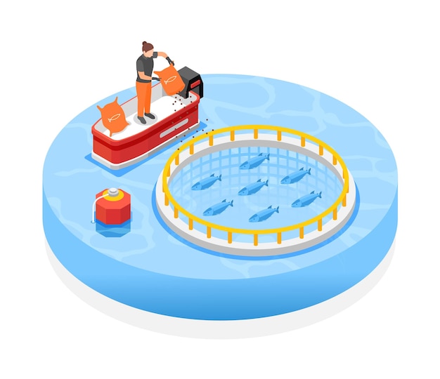 Free Vector seafood farming isometric composition with female worker in boat feeding fish throwing food into floating round fish cage vector illustration