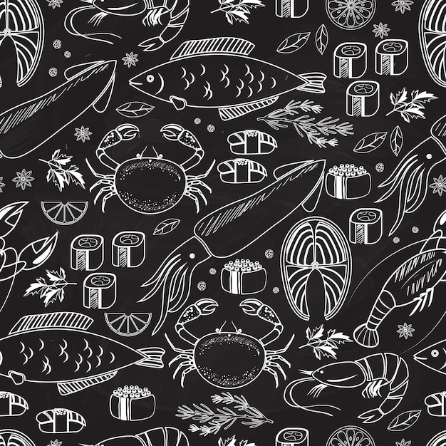 Seafood and fish chalkboard seamless background pattern on black with white line drawings of fish  calamari  lobster  crab  sushi  shrimp  prawn  mussel  salmon steak and herbs