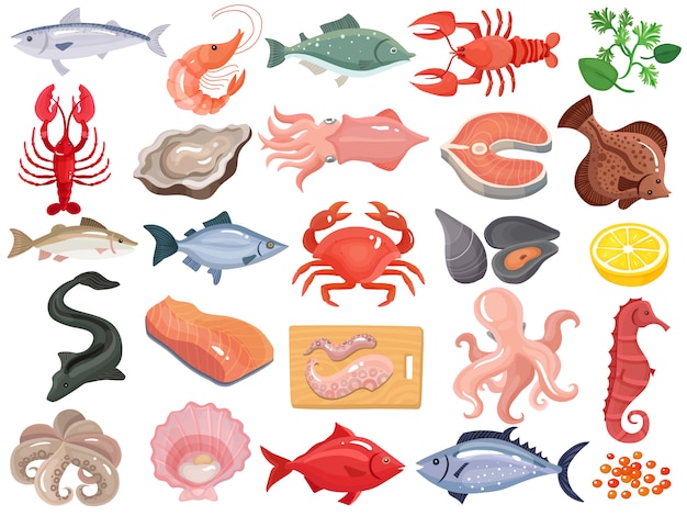 Seafood Flat Icons Big Set 