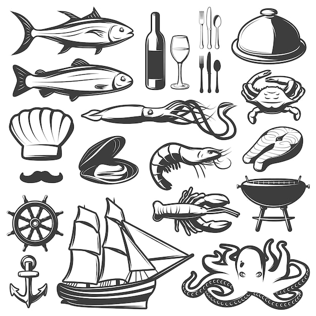 Free Vector seafood icon set with fish and vine which are prepared in restaurant