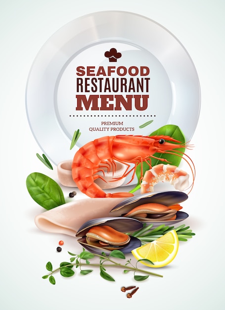 Seafood restaurant menu realistic poster with shrimp squid mussels fresh herbs spices marine cocktail ingredients