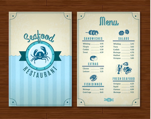 Free Vector seafood restaurant menu template with ocean symbols 