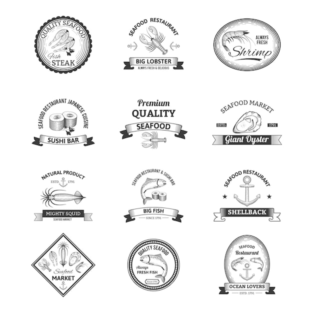 Free Vector seafood retro emblems