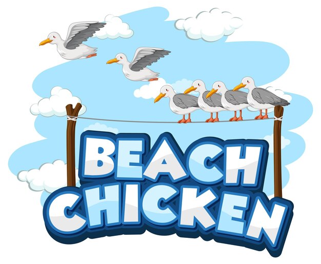 Free Vector seagull bird cartoon character with beach chicken font banner isolated