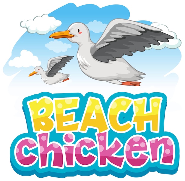 Free Vector seagull bird cartoon character with beach chicken font banner isolated