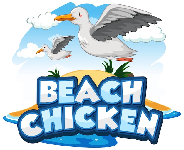 Seagull bird cartoon character with Beach Chicken font isolated