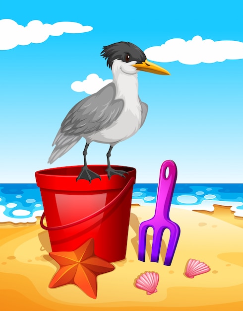 Free Vector seagull standing on red bucket