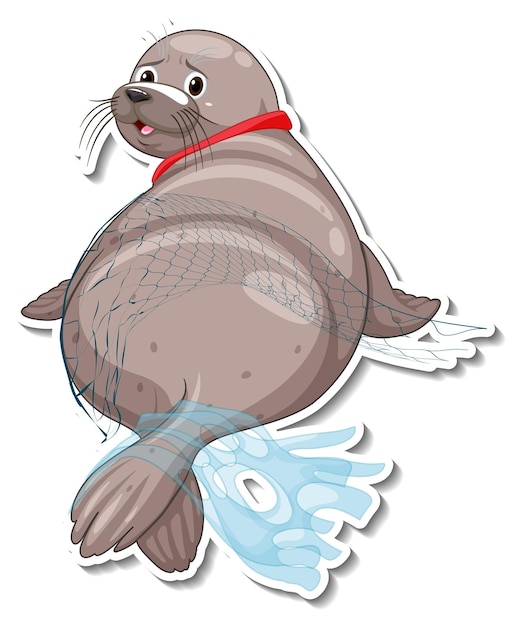 Seal stuck with plastic waste on white background