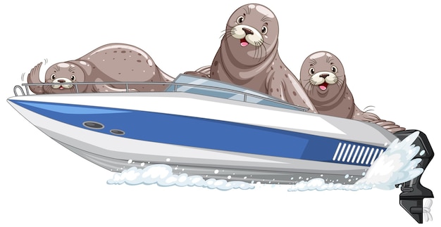 Free Vector seals on speed boat in cartoon style