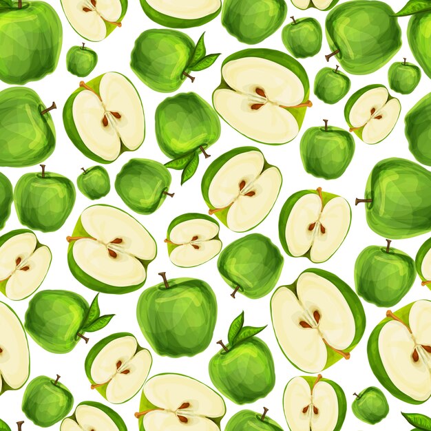 Seamless apple fruit sliced in half with seed and leaves pattern hand drawn sketch vector illustration