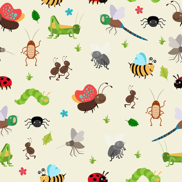 Seamless background bugs and beetles, ant and caterpillar, grasshopper.