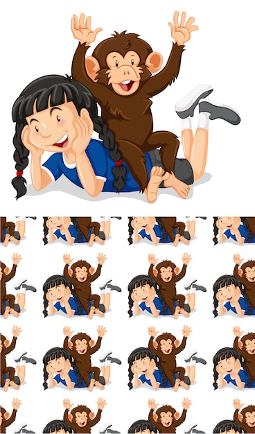 Seamless background design with girl and monkey