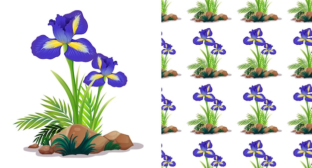 Seamless background design with iris flowers on rock