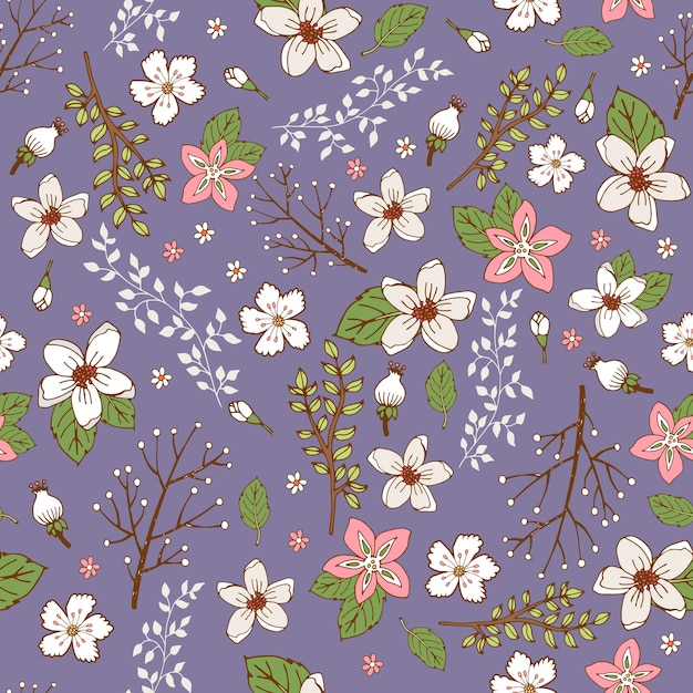 Seamless background pattern with pretty sprays and branches of hand painted flowers