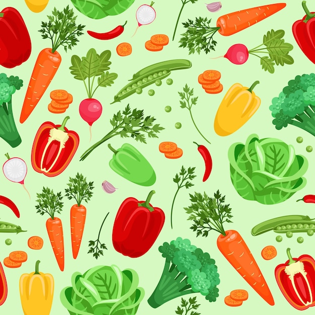 Seamless background  of vegetables radishes, peppers, cabbage, carrots, broccoli and peas.  Vector Illustration