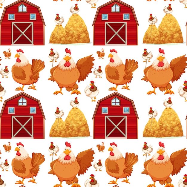 Free vector seamless background with barn and chickens