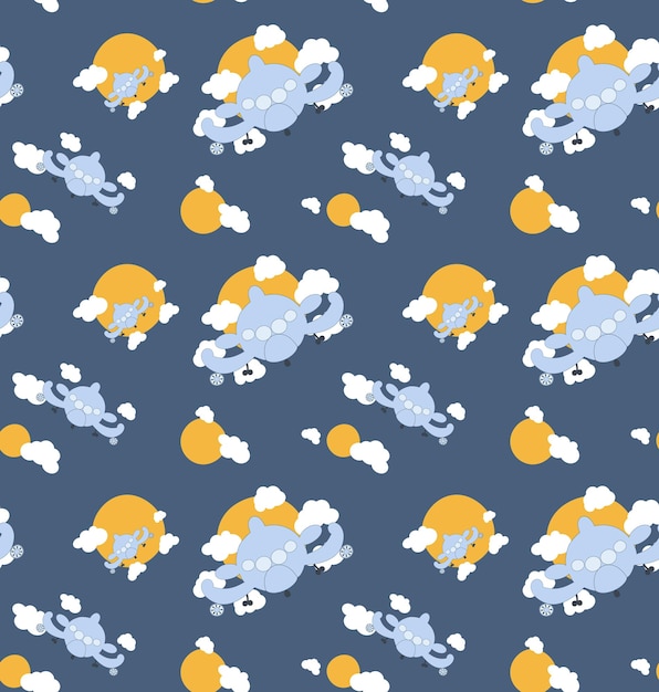 Free Vector seamless cartoon airplane baby pattern with sun and clouds dark blue color background vector illustr...