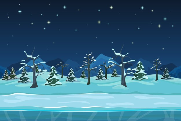 Seamless cartoon winter night landscape. Snow tree, season drawing design, 