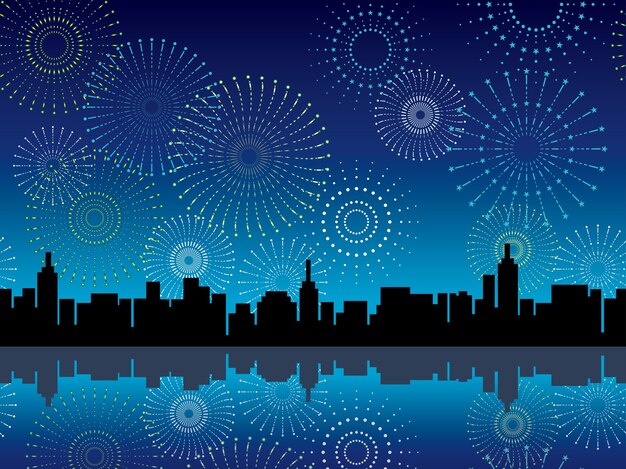 Seamless cityscape silhouette with fireworks