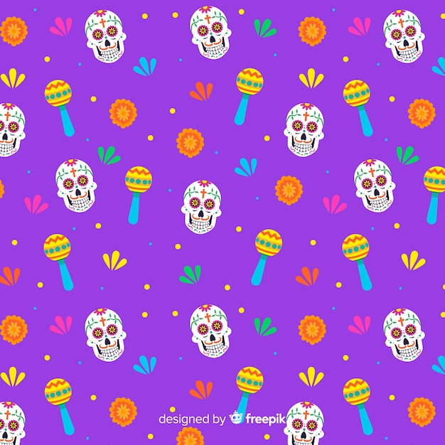 Seamless dia de muertos pattern wtih skulls and maracas